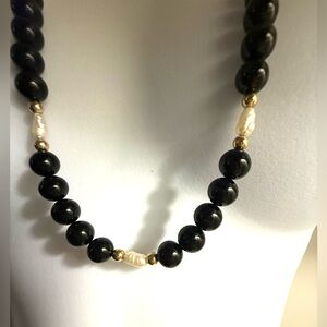 14k solid gold beads and clasp, black onyx and pearls necklace